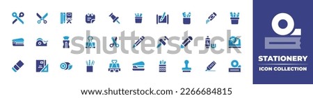 Stationery icon collection. Duotone color. Vector illustration. Containing scissors, scissor, stationery, sticky note, paper pin, calligraphy, cutter, stapler, scotch tape, sharpener, paper clip.