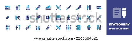 Stationery icon collection. Duotone color. Vector illustration. Containing stapler, glue, pencil holder, highlighter, color pencils, pencil, fountain pen, office tools, printing, usb, art, stationery.