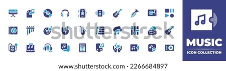 Music icon collection. Duotone color. Vector illustration. Containing piano, music file, cd, headphone, speaker, guitar, trumpet, turntable, media player, music album, pan flute, music, maloik.