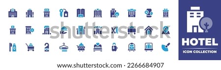 Hotel icon collection. Duotone color. Vector illustration. Containing hotel, room service, barbershop, pet house, pin, toothpaste, food cart, door knob, towel, bed, suitcase, bellhop, luggage cart.