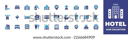 Hotel icon collection. Duotone color. Vector illustration. Containing handle, bed, hotel, location, spa, building, city building, three star, sink, accommodation, air conditioner, bathtub, restaurant.