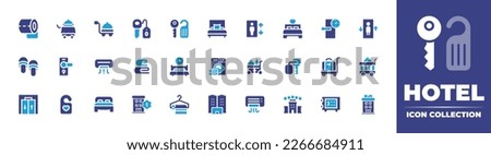 Hotel icon collection. Duotone color. Vector illustration. Containing toilet paper, room service, food cart, room key, bed, elevator, check out, slippers, door handle, air conditioner, towels, sleep.