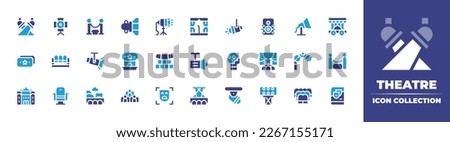 Theatre icon collection. Duotone color. Vector illustration. Containing spotlight, queue, stage, sound system, theater, ticket, seat, ticket office, seats map, skull, binoculars, scenery, public.