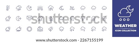 Weather line icon collection. Editable stroke. Vector illustration. Containing thermometer, windy, night, rainbow, weather, partly cloudy night, shower, rain, hail, half moon, cloudy, heavy rain.