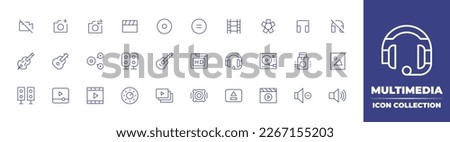 Multimedia line icon collection. Editable stroke. Vector illustration. Containing no video, camera plus, camera change, clapper board, compact disc, equal circle, film, flower, headphone.