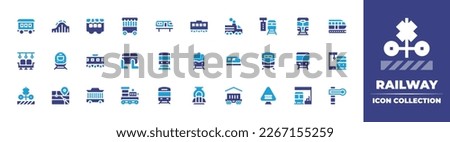Railway icon collection. Duotone color. Vector illustration. Containing wagon, roller coaster, cage, train, train platform, subway, seat, carriage, seats, metro, bullet train, train station.
