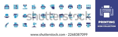 Printing icon collection. Duotone color. Vector illustration. Containing printer, ink level, d print, scanner, paper roll, printing machine, d printer, printing button interface symbol, print, add.