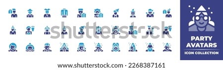 Party avatars icon collection. Duotone color. Vector illustration. Containing dad, chinese, joker, kimono, son, daughter, birthday boy, witch, ninja, mom, girl, unicorn, eye mask, fathers day, parade.