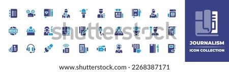 Journalism icon collection. Duotone color. Vector illustration. Containing journal, video, diary, reporter, press, journalist, journalism, article, news, broadcasting, magazine, microphone, newspaper.