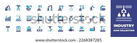 Industry icon collection. Duotone color. Vector illustration. Containing robotic arm, robotic, robot arm, mechanical arm, assembly line, factory, conveyor belt, fill, metallurgy, robotics system.