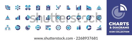 Charts and diagrams icon collection. Duotone color. Vector illustration. Containing diagram, area chart, radar chart, pyramid chart, bar, pie, donut, organization chart.