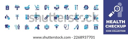 Health checkup icon collection. Duotone color. Vector illustration. Containing clipboard, pap smear, pap, dentist chair, hearing test, x ray, hepatitis, test, research, slit lamp, lungs, filters.