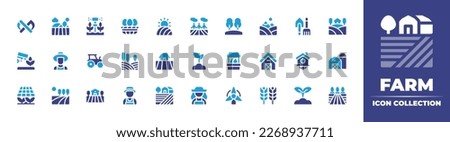 Farm icon collection. Duotone color. Vector illustration. Containing scythe, field, spray, eggs, fields, agriculture, hills, shovel, house, cctv, farmer, tractor, farm, barn, sprout, stand.