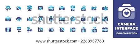 Camera interface icon collection. Duotone color. Vector illustration. Containing flip, video camera, photo camera, camera, photo, cloud, refresh, lens.