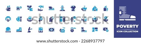 Poverty icon collection. Duotone color. Vector illustration. Containing poverty, no home, clothes, alms, sneakers, homeless, tshirt, beggar, tent, food, no poverty, hunger, food donation, poor, hat.