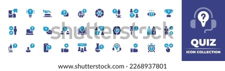 Quiz icon collection. Duotone color. Vector illustration. Containing puzzle piece, quiz, buzzer, sport, trivial, science, eye, trophy, choose, book, competition, contestant, smartphone, wrong.