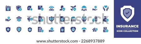 Insurance icon collection. Duotone color. Vector illustration. Containing insurance, protection, privacy policy, delivery, car, user, travel insurance, life insurance, property, bike, shield, family.