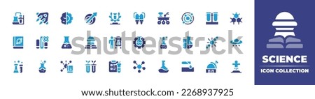 Science icon collection. Duotone color. Vector illustration. Containing mixing, spaceship, brain, time travel, science, jet pack, mars rover, atom, test tube, structure, science book.