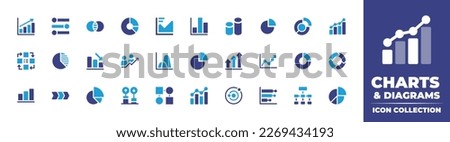 Charts and diagrams icon collection. Duotone color. Vector illustration. Containing graphic, infographic, graph, pie chart, graphs, bar chart, circular diagram, diagram, decrease, increase, stats.