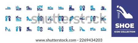 Shoe  icon collection. Duotone color. Vector illustration. Containing slippers, sport shoe, sport shoes, shoes, boots, shoe, flip flops, boot, high heels, climbing shoes, ballet, high heel.