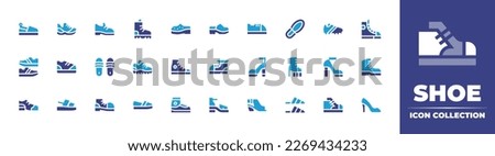 Shoe  icon collection. Duotone color. Vector illustration. Containing shoes, running shoes, sneakers, hiking boots, shoe, clog, baby shoes, shoe print, sandals, high heels, boots, sandal, clown, flat.