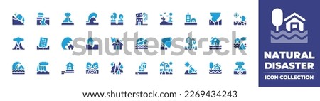 Natural disaster icon collection. Duotone color. Vector illustration. Containing avalanche, earthquake, volcano, tsunami, sinking, hurricane, desert, flood, destruction, drought, disaster.