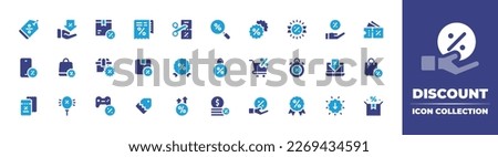 Discount icon collection. Duotone color. Vector illustration. Containing discount, box, bill, cut, smartphone, shopping bag, gift, voucher, discount balloons, label, coins.