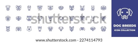 Dog breeds line icon collection. Editable stroke. Vector illustration. Containing airedale terrier, bulldog, doberman, american bully, siberian husky, german shepherd, saint bernard, tibetan mastiff.