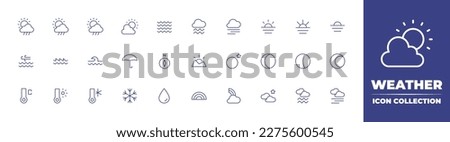 Weather icon collection. Duotone color. Vector illustration. Containing rainy day, weather, capillary waves, mist, fog, sunset, wind waves, swells waves, big waves, umbrella, cardinal direction.