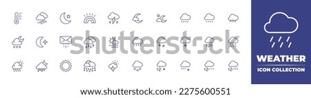 Weather icon collection. Duotone color. Vector illustration. Containing thermometer, windy, night, rainbow, weather, partly cloudy night, shower, rain, hail, half moon, cloudy, heavy rain, sunny fog.