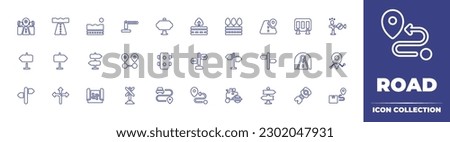 Road line icon collection. Editable stroke. Vector illustration. Containing road, toll road, signboard, location, barrier, traffic barrier, direction sign, distance, traffic light, direction.