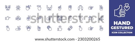 Hand gestured line icon collection. Editable stroke. Vector illustration. Containing hands, pray, clapping, hand, open hands, fist, victory, pointing right, handshake, like, ok, tap, pinching.