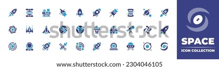 Space icon collection. Duotone color. Vector illustration. Containing  rocket, space station, shooting star, probe, wormhole, planets, black hole, invaders, space shuttle, mars, global.