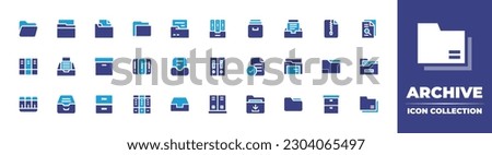 Archive icon collection. Duotone color. Vector illustration. Containing folder, archive, zip, search, archives, storage box, file, open folder, inbox, documents. 