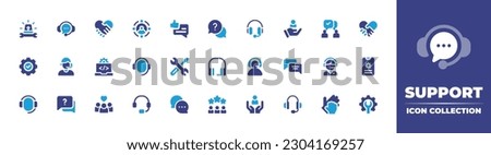 Support icon collection. Duotone color. Vector illustration. Containing tech support, customer service, handshake, target, live chat, help, headphones, customer, communication, fair trade, setting.