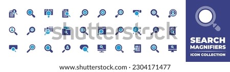 Search magnifiers icon collection. Duotone color. Vector illustration. Containing job search, search, research, information, money, magnifying glass, book, folder, video, searching, prospect.