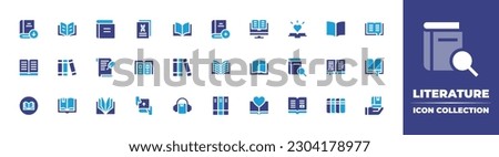 Literature icon collection. Duotone color. Vector illustration. Containing download, book, literature, scientific literature, open book, add, ebook, poetry, bookmark, read, library, hand over.