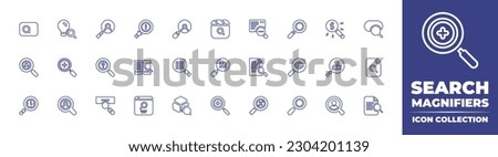 Search magnifiers line icon collection. Editable stroke. Vector illustration. Containing search bar, idea, prospect, information, searching, clapperboard, research, magnifying glass, search.