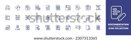 Documentation line icon collection. Editable stroke. Vector illustration. Containing document, file upload, list, data table, paper, legal document, documents, scanner, online learning, cloud, file.