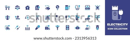 Electricity icon collection. Duotone color. Vector illustration. Containing electric pole, electric car, smart home, invoice, electrical hazard, green energy, electric charge, chair.
