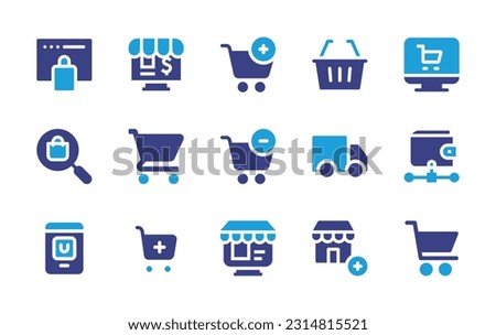 Ecommerce icon set. Duotone color. Vector illustration. Containing ecommerce, store, add to cart, shopping basket, product, shopping cart, minus cart, truck, wallet, online shopping.