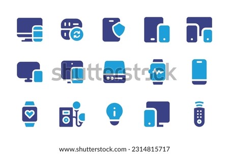 Device icon set. Duotone color. Vector illustration. Containing responsive, driver, security, device, responsive devices, harddisk, smartwatch, smartphone, heart rate, idea bulb, remote control.