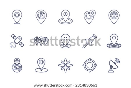 Location line icon set. Editable stroke. Vector illustration. Containing pin, parking, placeholder, add, signal, satellite, locations, gps, pushpin, location, geolocation, wind rose, focus, satellite 