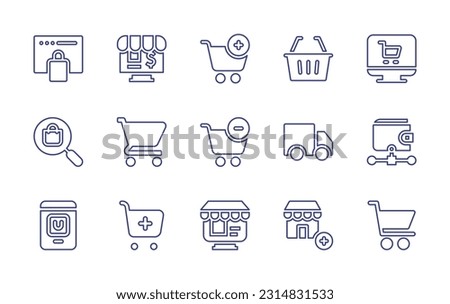 Ecommerce line icon set. Editable stroke. Vector illustration. Containing ecommerce, store, add to cart, shopping basket, product, shopping cart, minus cart, truck, wallet, online shopping.