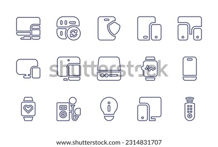 Device line icon set. Editable stroke. Vector illustration. Containing responsive, driver, security, device, responsive devices, harddisk, smartwatch, smartphone, heart rate, idea bulb, remote control