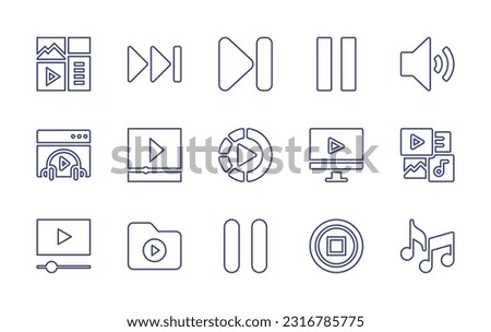 Multimedia line icon set. Editable stroke. Vector illustration. Containing content management, skip button, next, pause, volume, multimedia player, slow motion, video, multimedia, video player, stop.