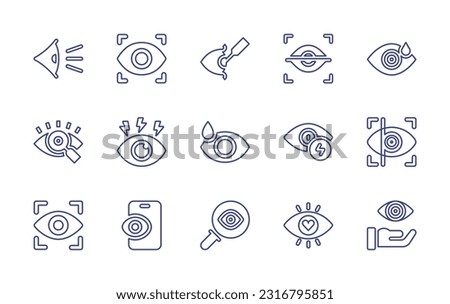 Eye line icon set. Editable stroke. Vector illustration. Containing eye, laser surgery, eye scanner, eye drop, vision, red eyes, iris recognition, view, magnifying glass, in love.