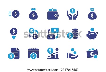 Money icon set. Duotone color. Vector illustration. Containing money, money bag, wallet, save money, coin, foreign currency exchange, transaction, coins, file, graph, hand, euro.