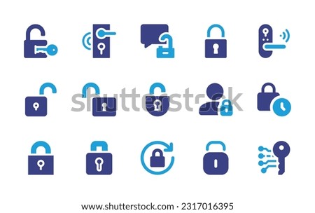 Lock icon set. Duotone color. Vector illustration. Containing lock, smart lock, smart door, open padlock, unlock, time, padlock, rotation lock, electronic key.