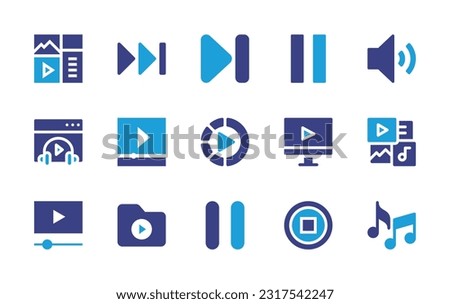 Multimedia icon set. Duotone color. Vector illustration. Containing content management, skip button, next, pause, volume, multimedia player, slow motion, video, multimedia, video player, stop, music.